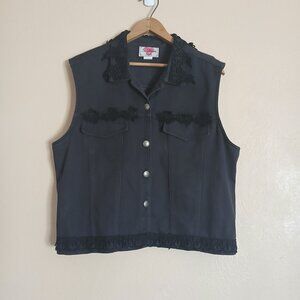 Vintage St Joanne Jeans Black Embroidered Denim Vest Women's XL